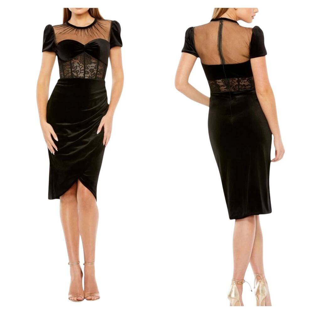 Mac Duggal 20742 Sheer Tulip Hem Velvet Cocktail Dress Black Size 2